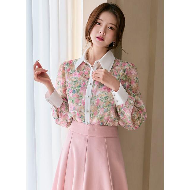 Styleonme - Floral Chiffon Blousy Shirt
