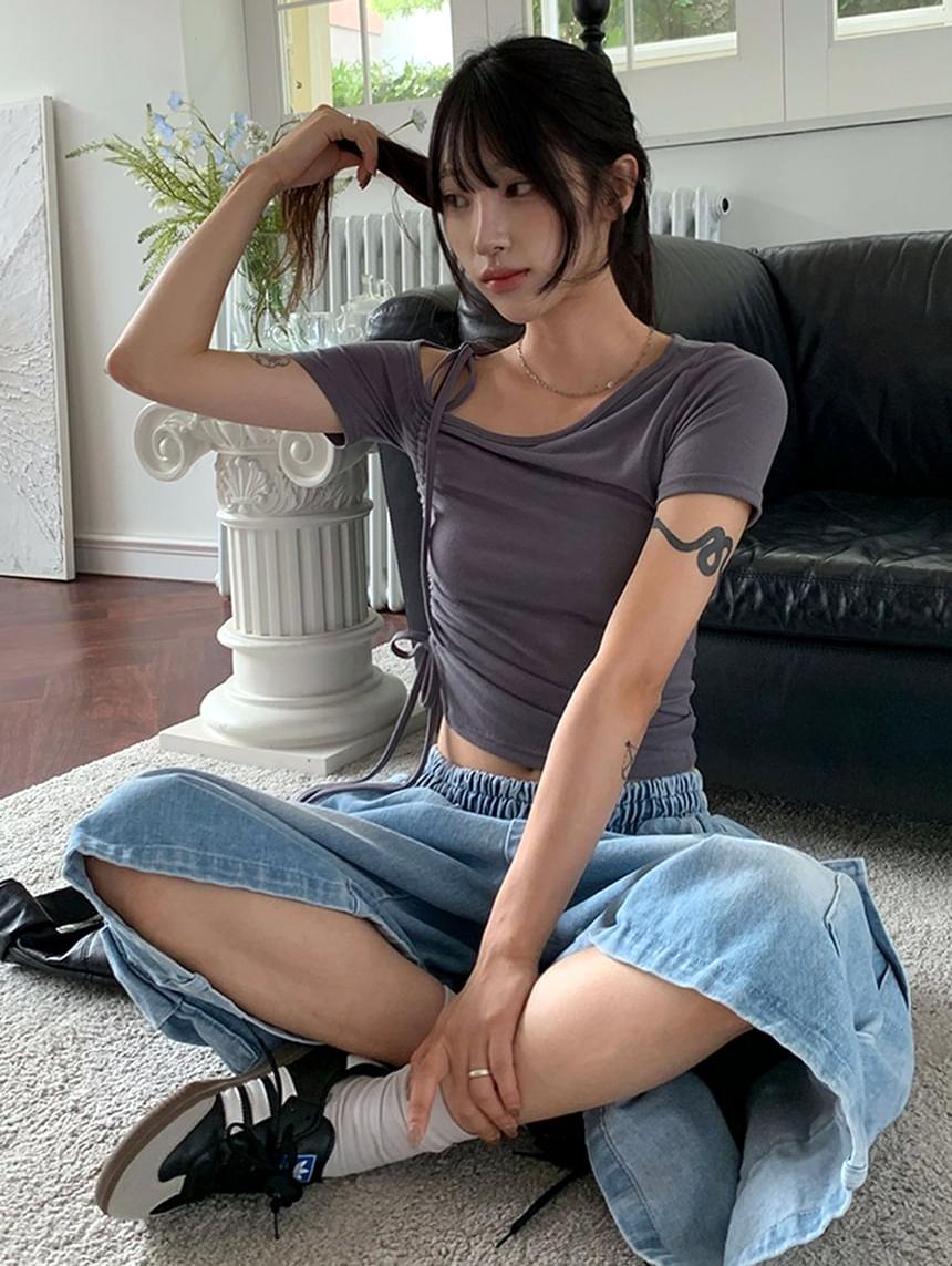 SeoulPop - Short-Sleeve Cold-Shoulder Drawstring Plain Crop Top