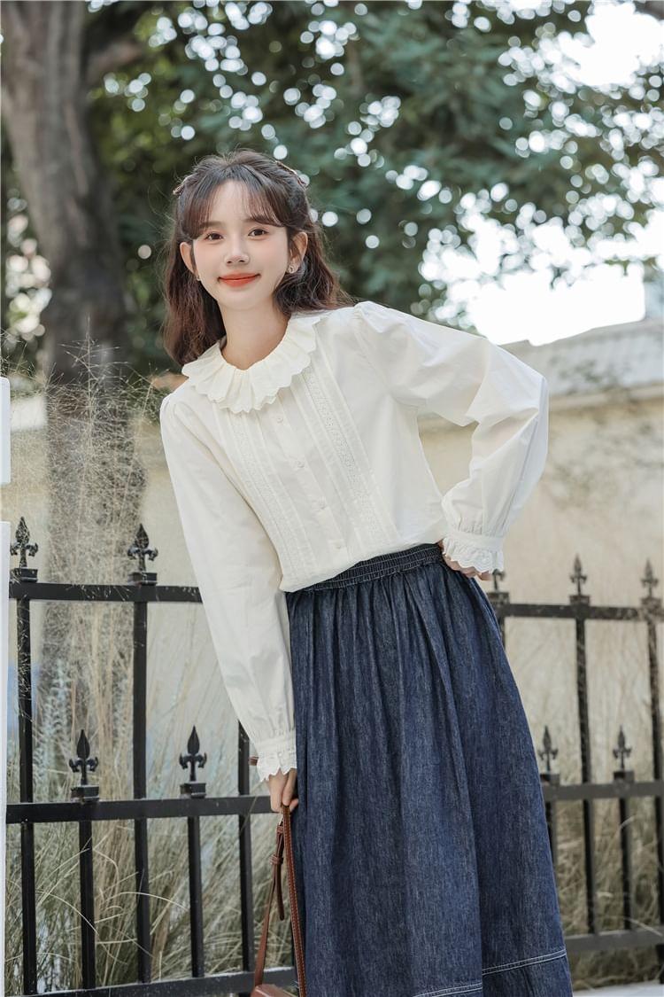 Wapiti - Long-Sleeve Ruffle Collar Lace Panel Pintuck Button-Up Blouse