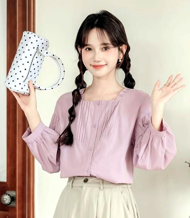 Wapiti - Long-Sleeve Square Neck Frill Trim Pintuck Button-Up Plain Blouse