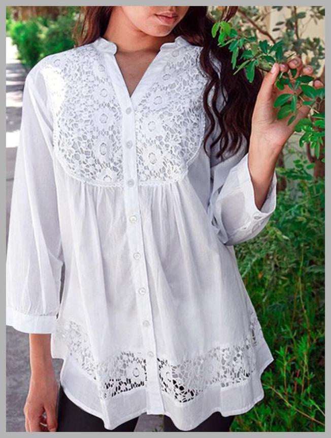 Lace Panel Button Front Sleeve V-neck Blouse