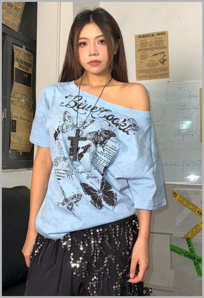 SPUCIKLEI - Elbow-Sleeve Off Shoulder Lettering Asymmetrical T-Shirt Price Integrity Rank ( 0 )