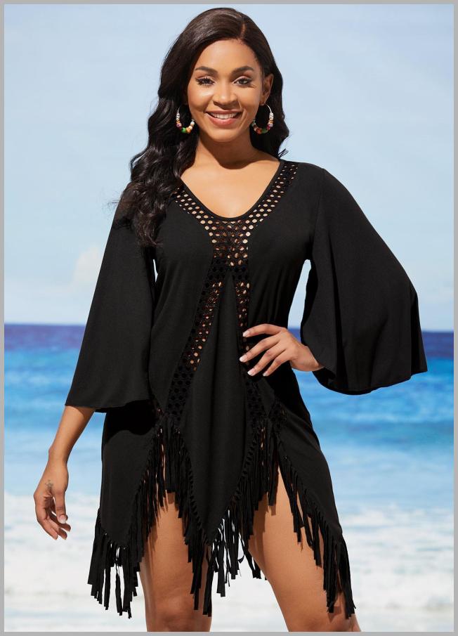 Tassel Asymmetric Hem Black Hollow Out Cover