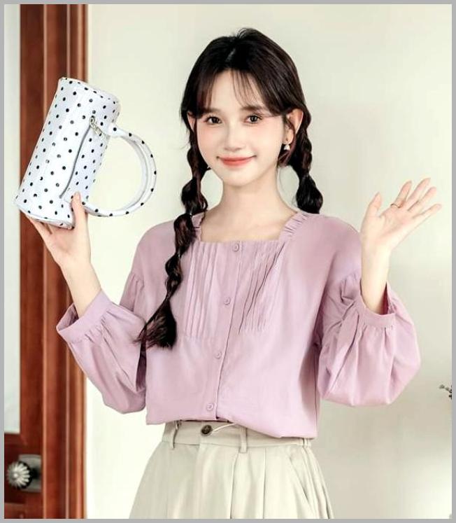Wapiti Long-Sleeve Square Neck Frill Trim Pintuck Button-Up Plain Blouse