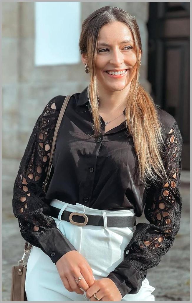 Women Guipure Patchwork Lapel Casual Long Sleeve Shirt BLACK